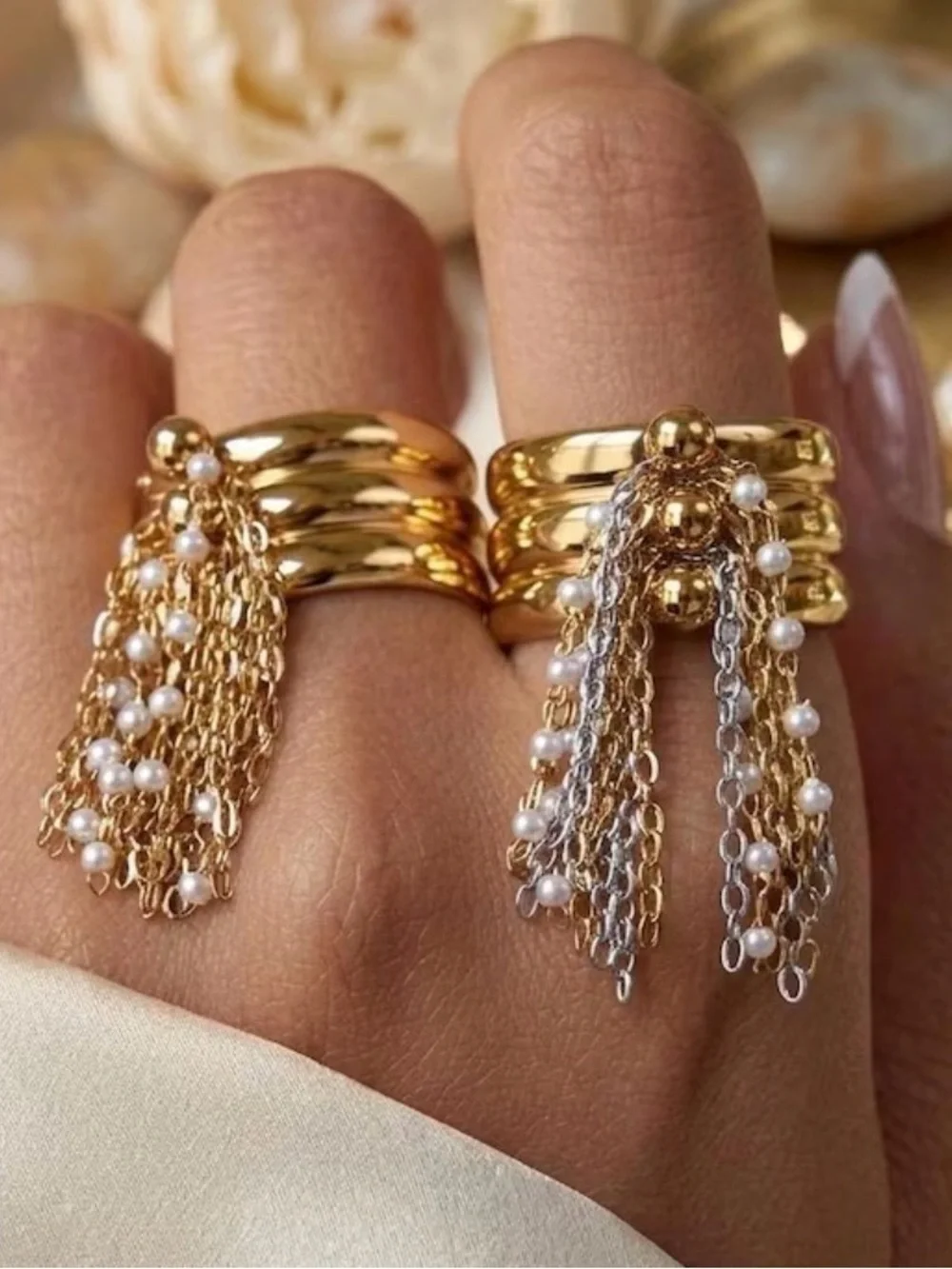 Gold Tassel Chain Ring with Pearl Accents